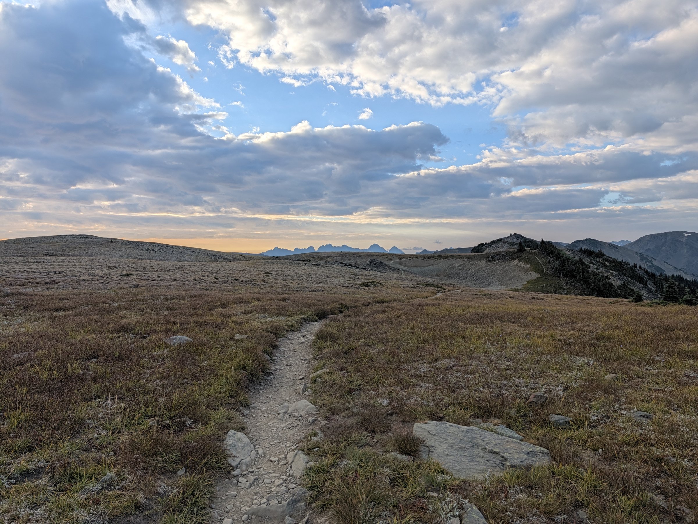 A narrow dirt trail crossing open, grassy alpine tundra under a big cloudy sky, with jagged peaks on the horizon
