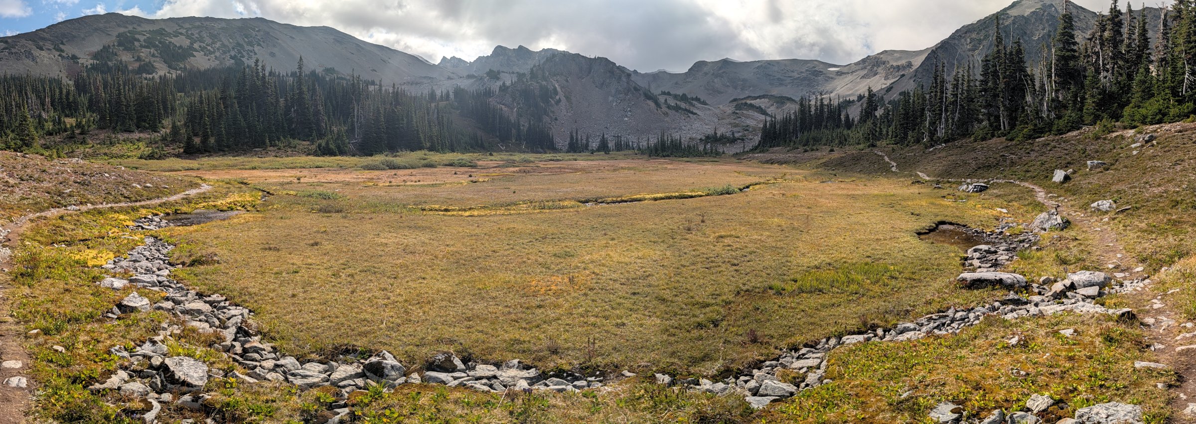 Panorama of a broad golden meadow with a rocky creek, ringed by forest and gray mountains