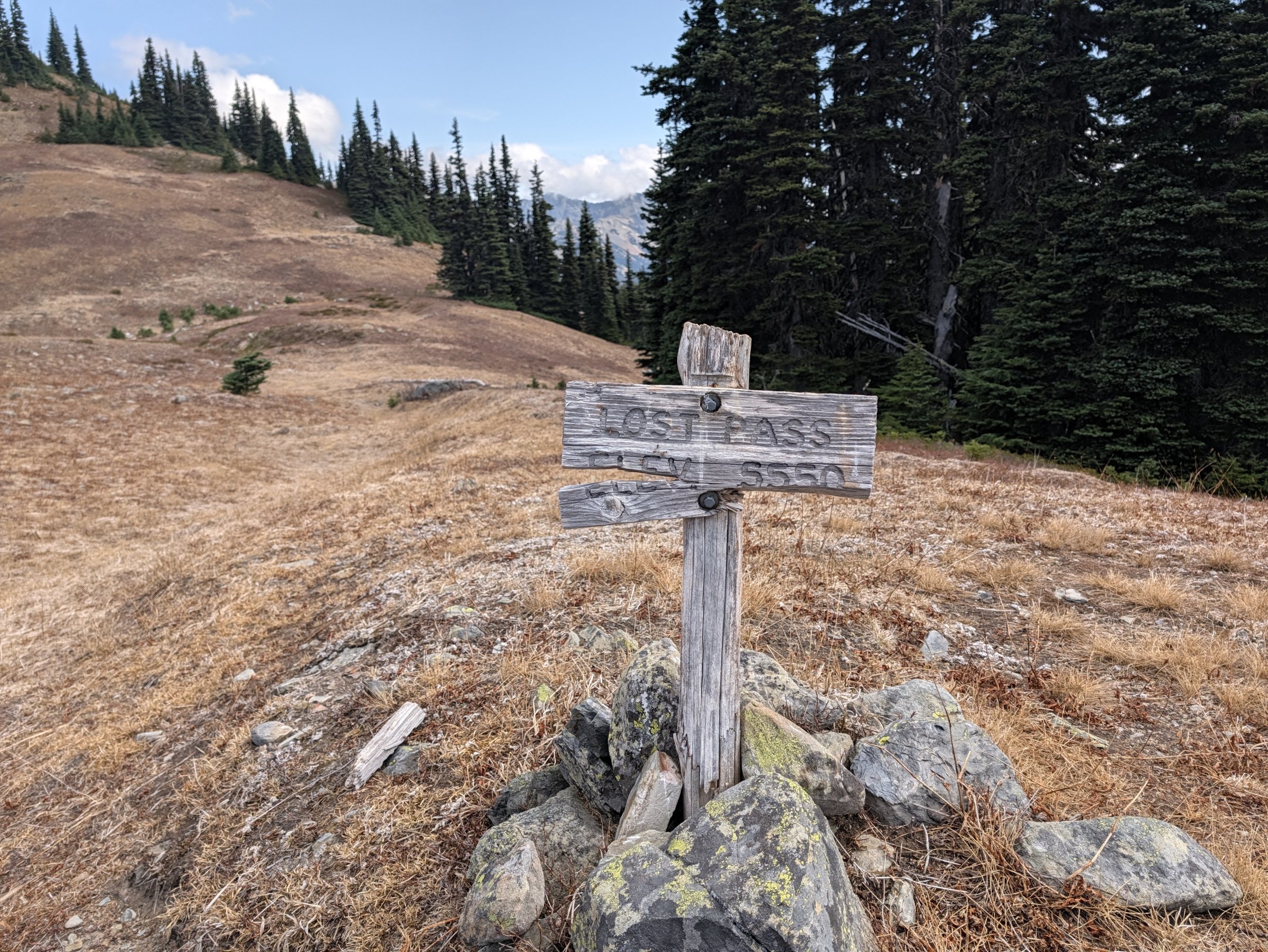 A weathered wooden sign reading Lost Pass, Elev 5550, in a dry golden meadow at the edge of the trees